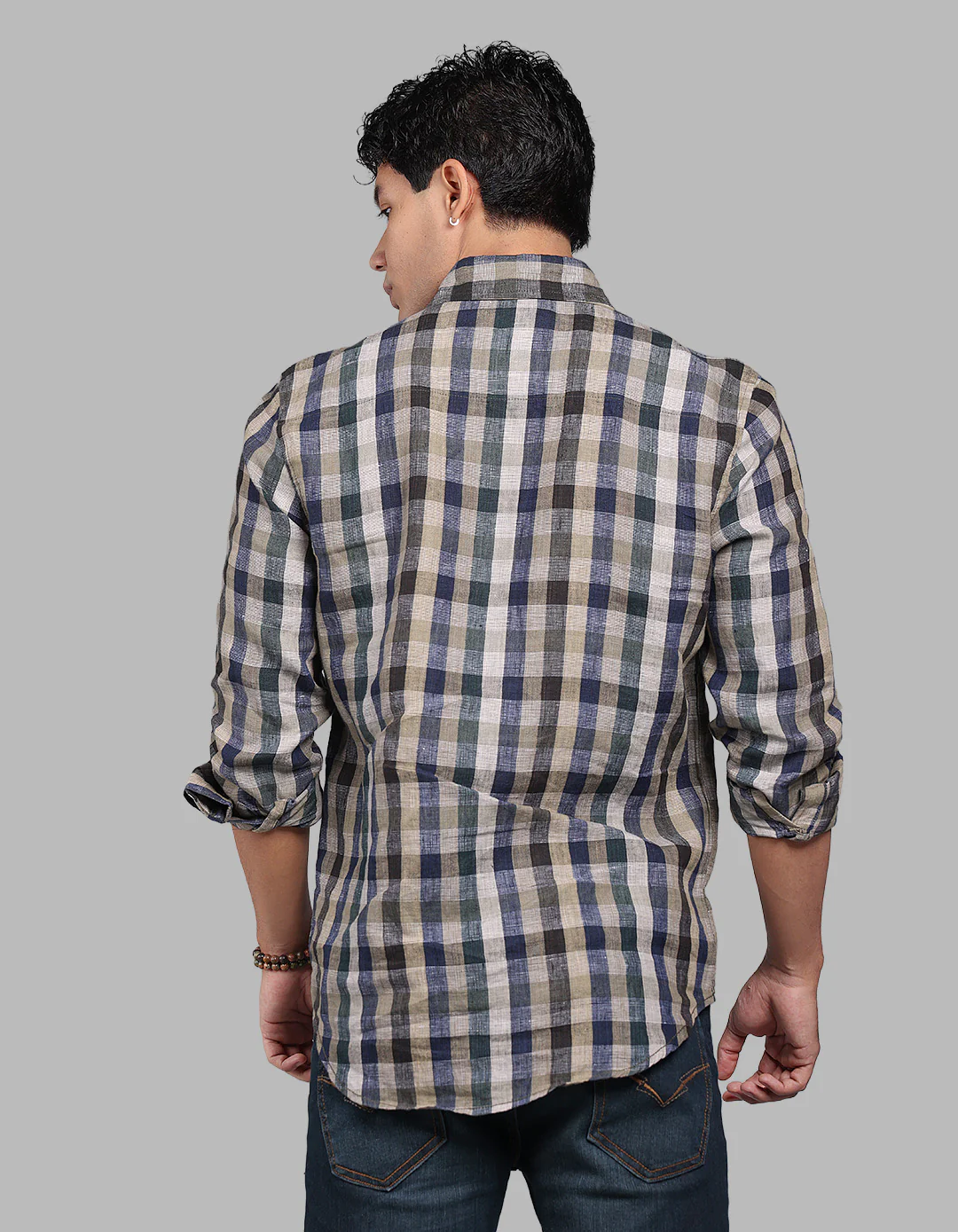 Green Navy Full Sleeve Linen Blend Check Shirt - Image 5