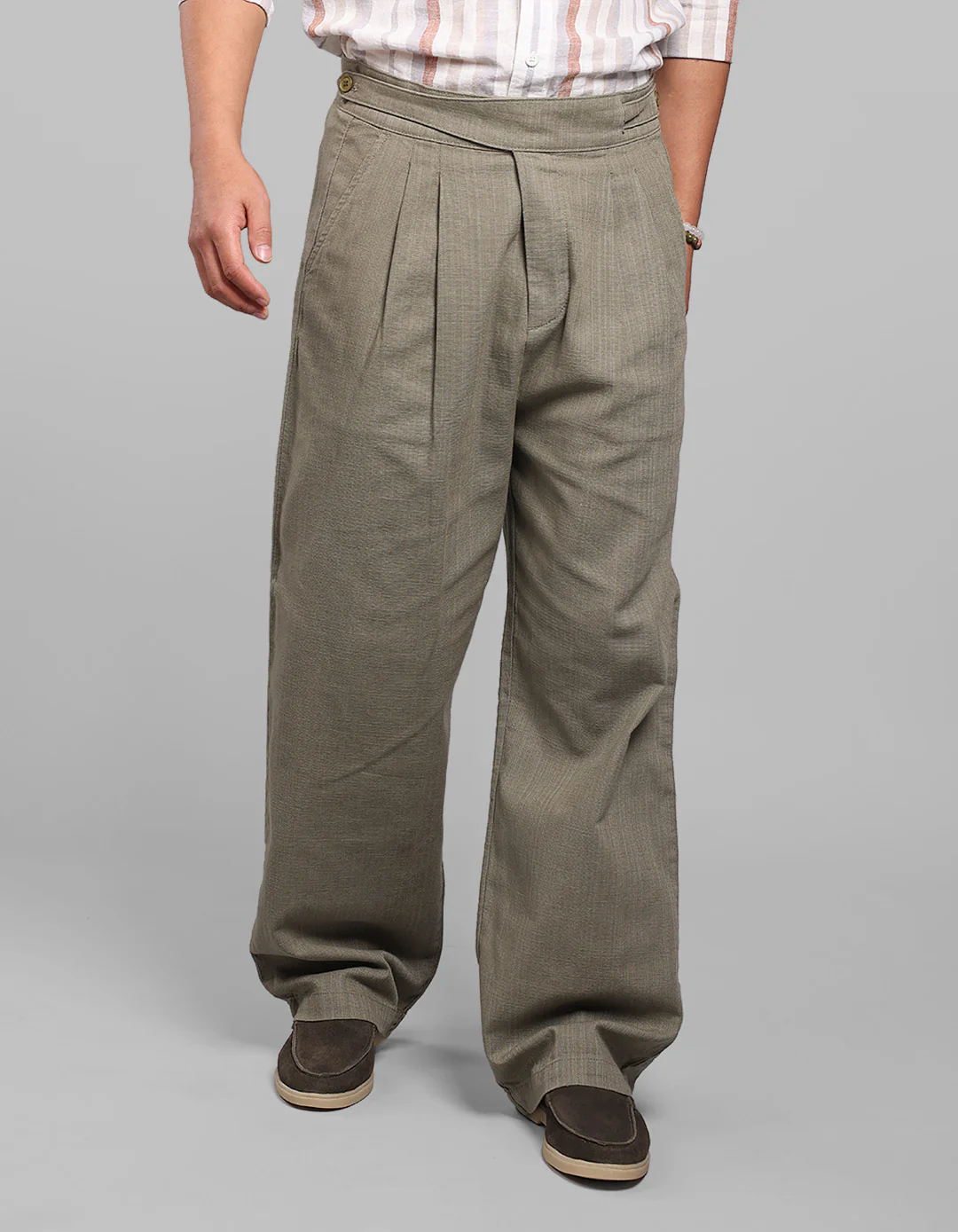 Green Pleated Korean Fit Cotton Pants