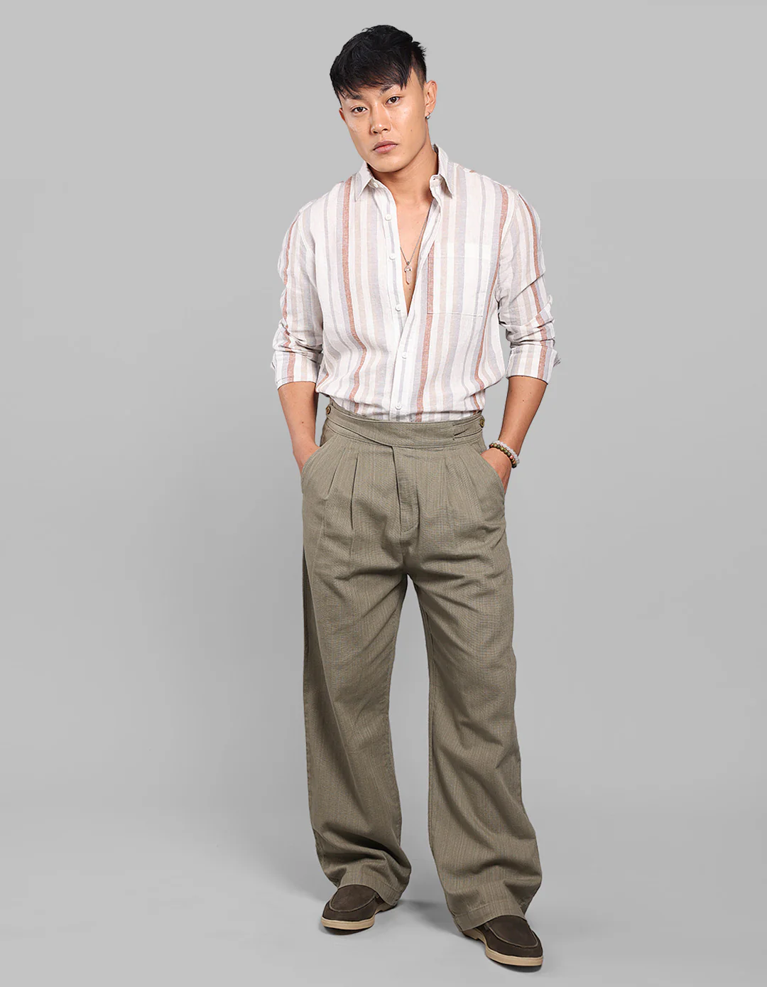 Green Pleated Korean Fit Cotton Pants - Image 2
