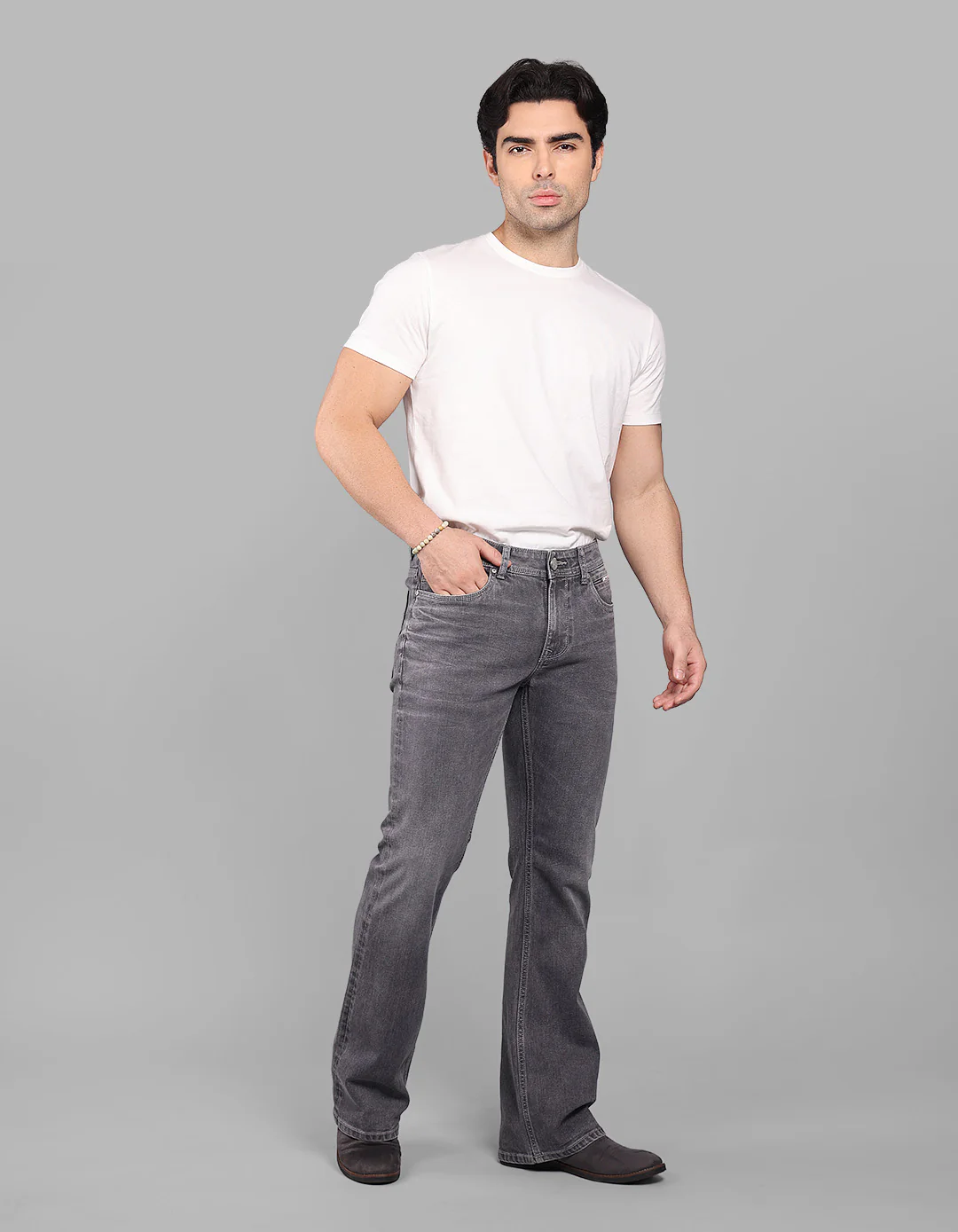 Grey Mid Rise Loose Boot Leg Stretch Jeans - Image 3