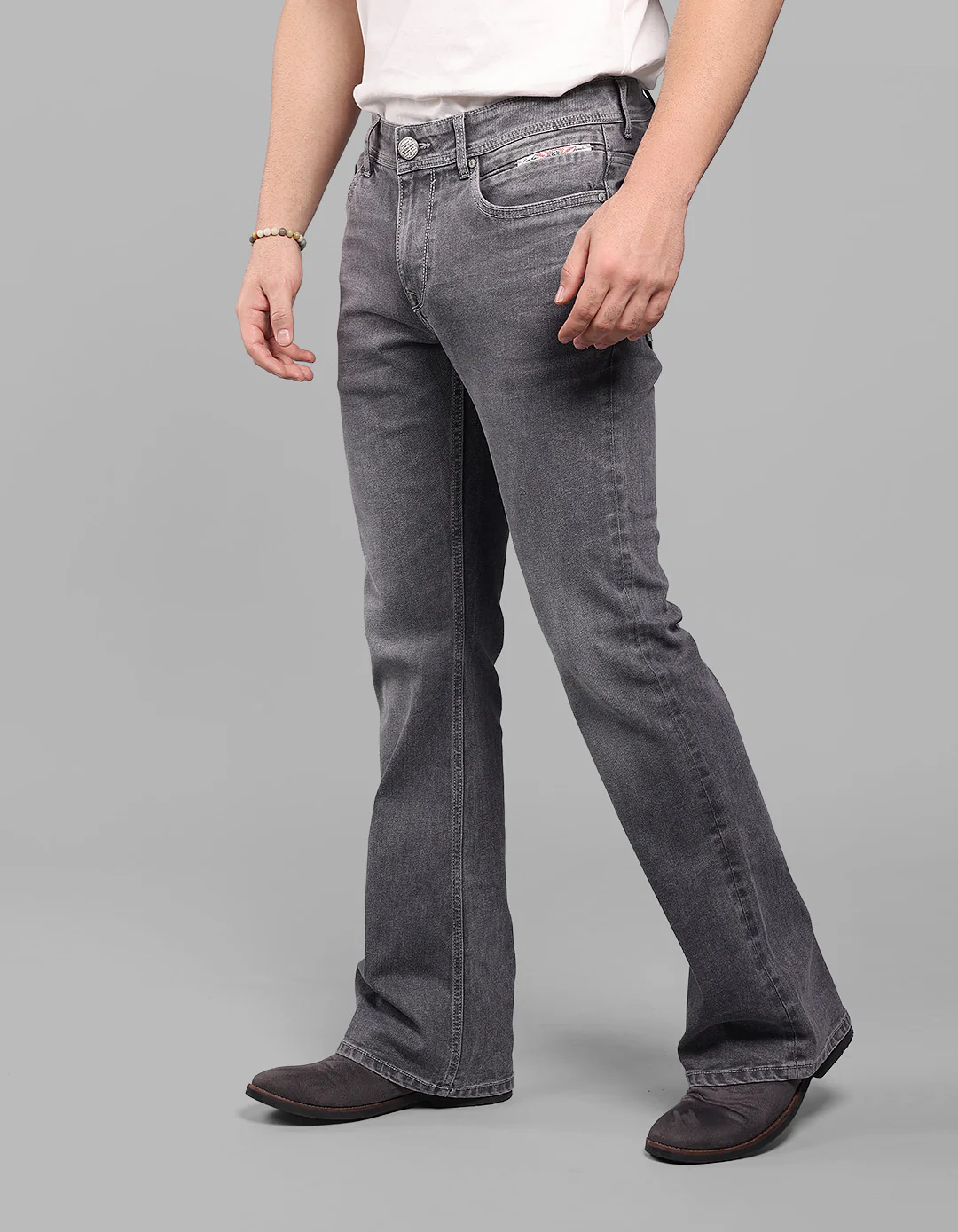 Grey Mid Rise Loose Boot Leg Stretch Jeans - Image 4