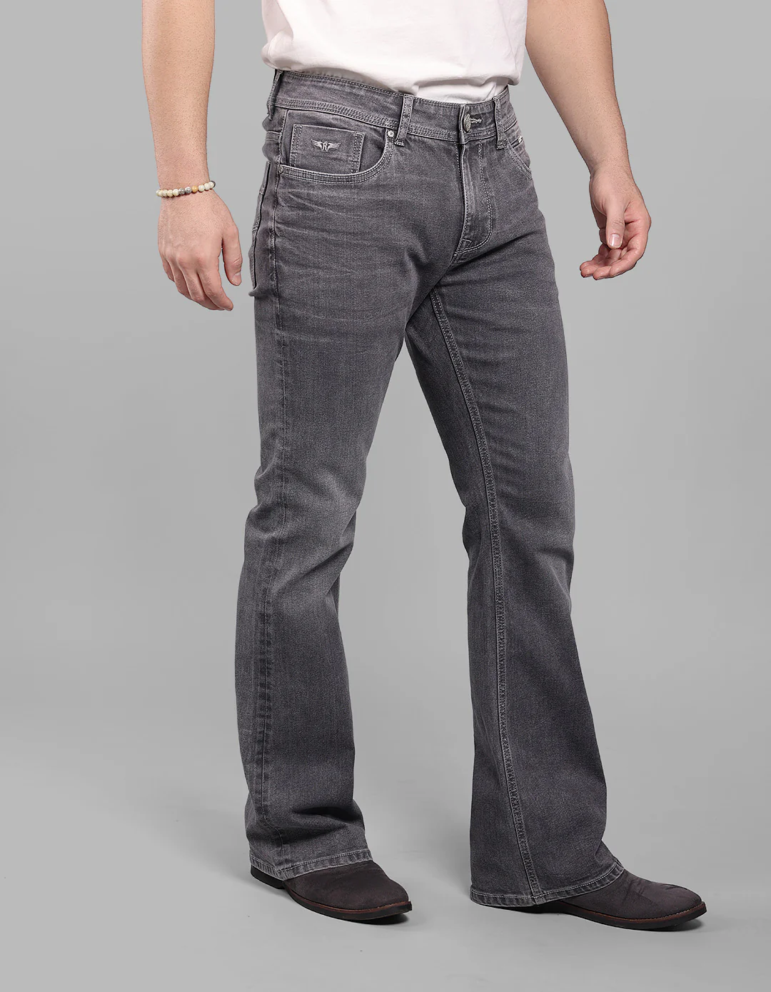 Grey Mid Rise Loose Boot Leg Stretch Jeans - Image 5