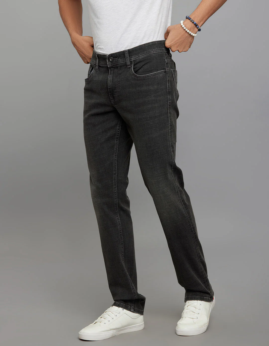 Grey Mid-Rise Slim Straight Fit Classic Stretch Jeans