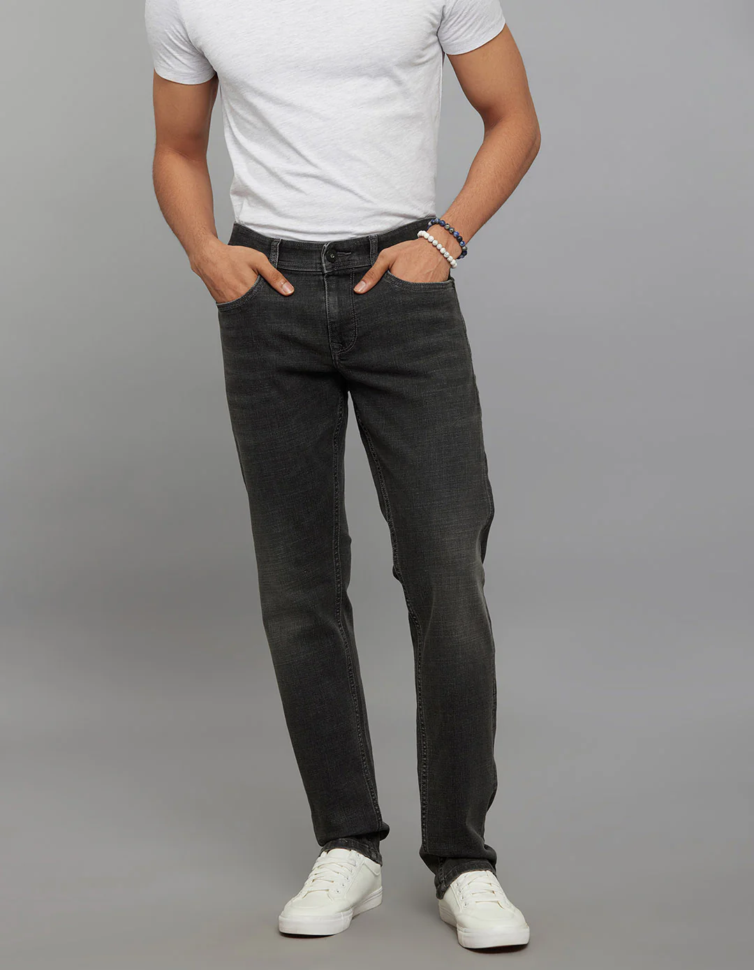 Grey Mid-Rise Slim Straight Fit Classic Stretch Jeans - Image 3