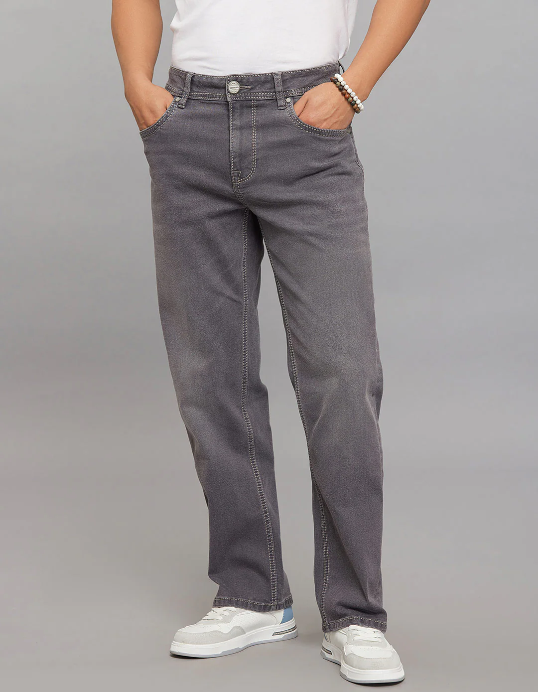Grey Midrise, Comfort And Straight Crop Length Stretch Jeans