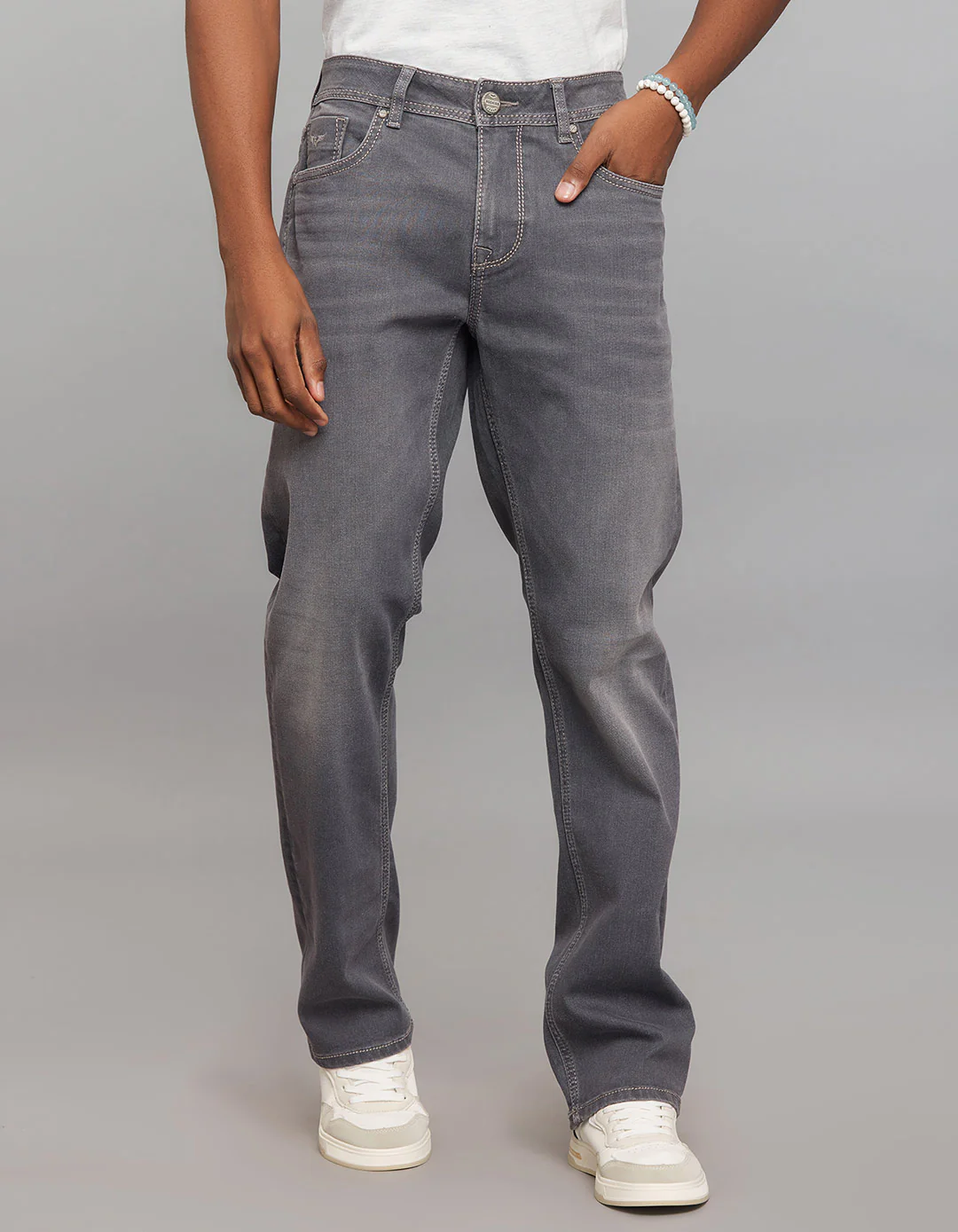 Grey Midrise, Comfort And Straight Fit Stretch Jeans