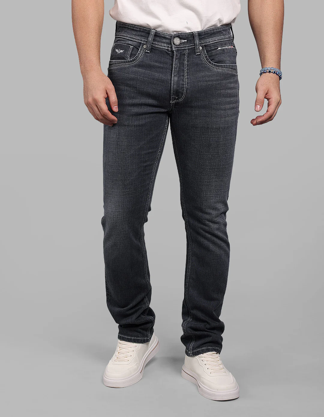 Grey Mid-Rise Slim Straight Fit Stretch Jeans
