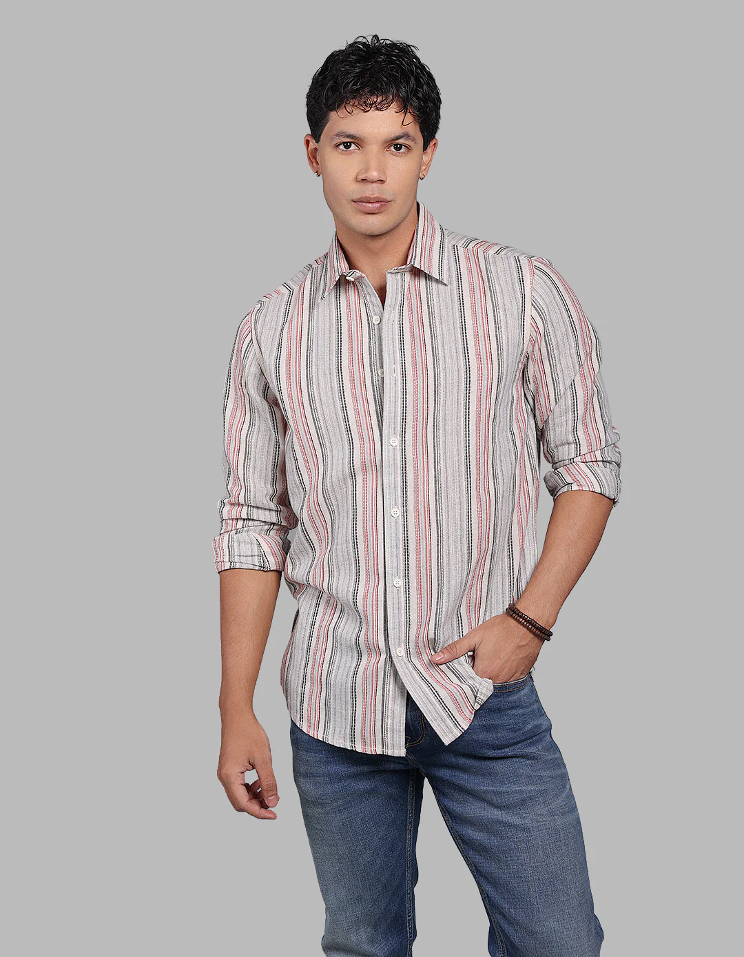 Grey Red Full Sleeve Stripe Shirt