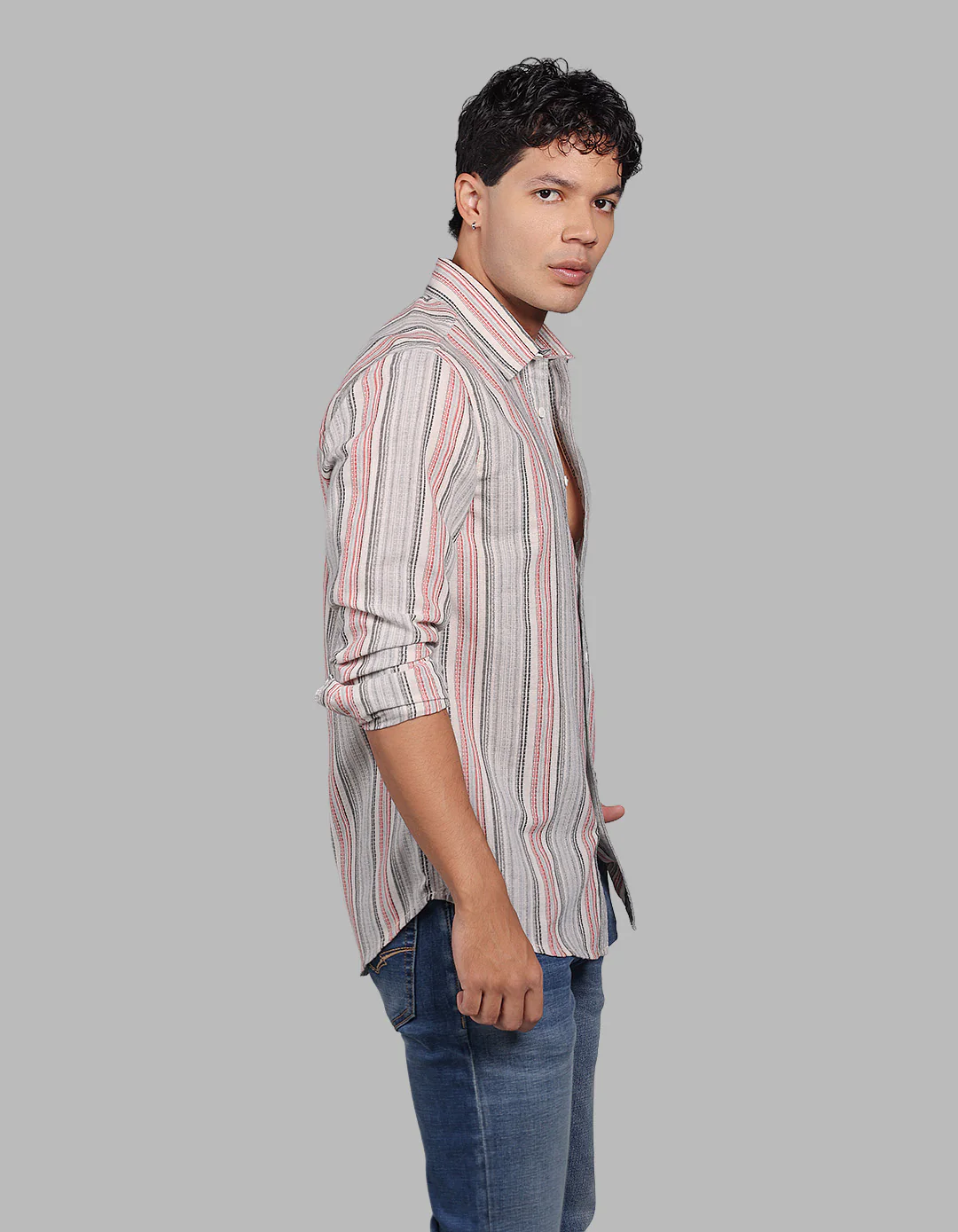 Grey Red Full Sleeve Stripe Shirt - Image 4