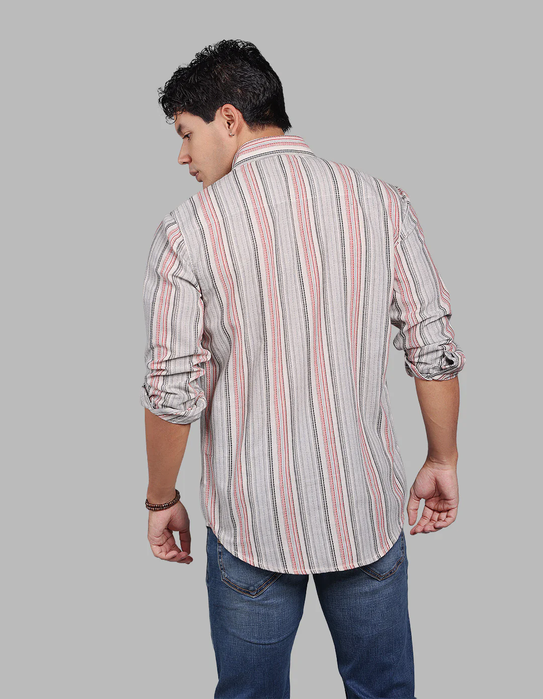 Grey Red Full Sleeve Stripe Shirt - Image 5