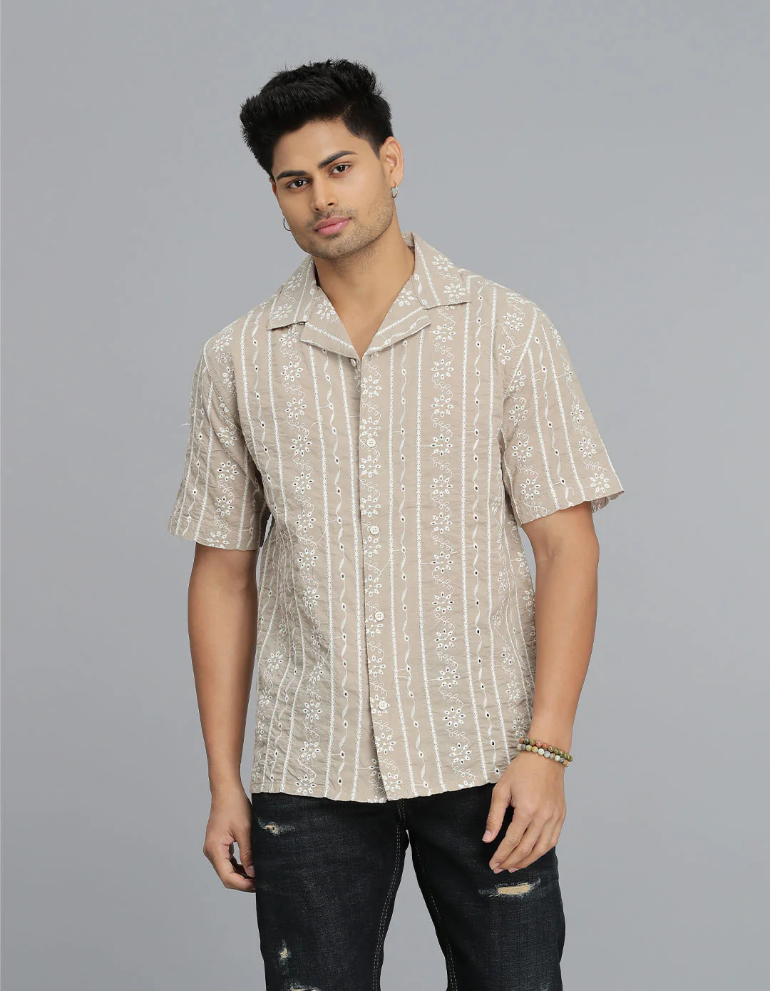 Ivory 100% Cotton Half Sleeves Textured Dobby Shirt
