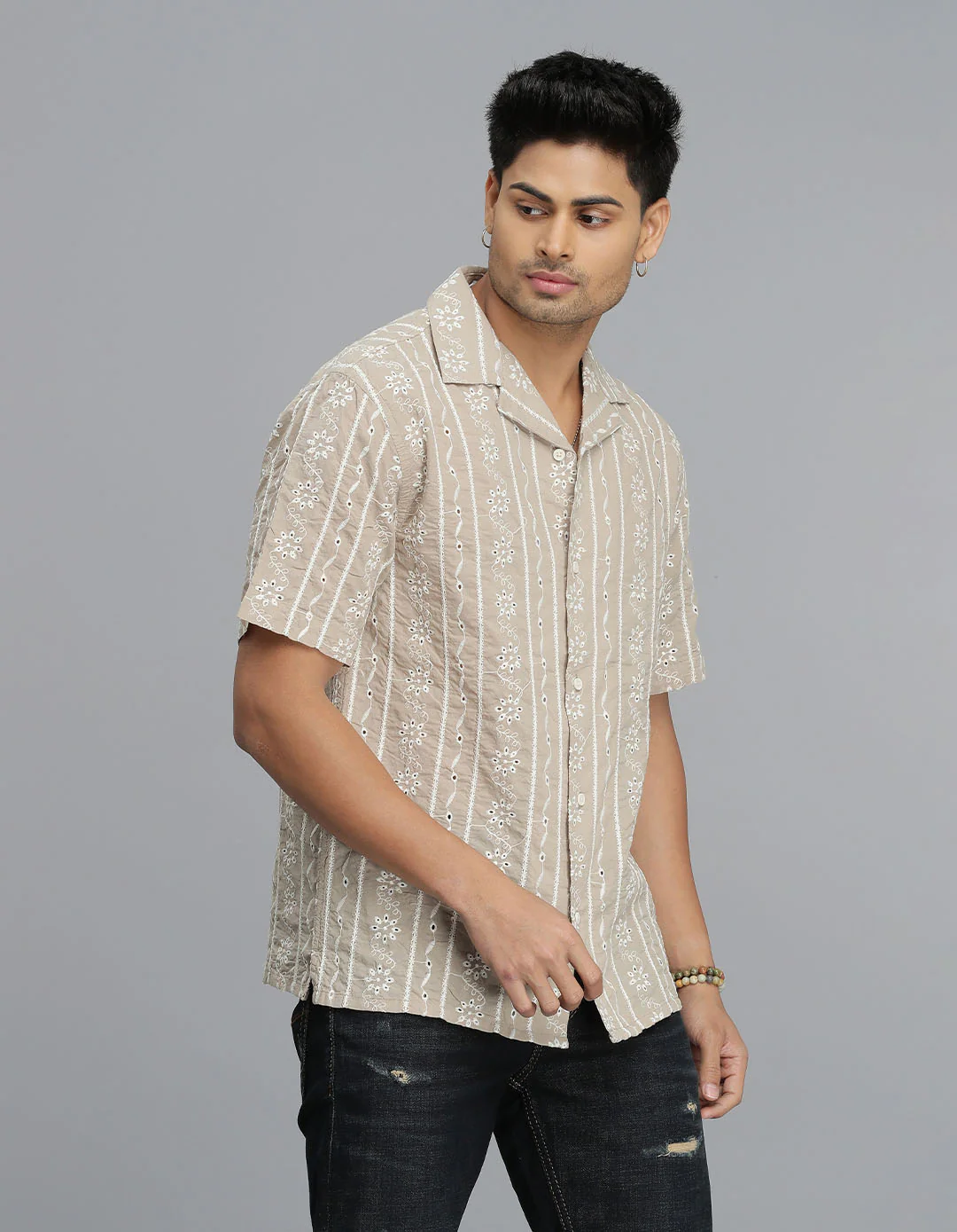 Ivory 100% Cotton Half Sleeves Textured Dobby Shirt - Image 3