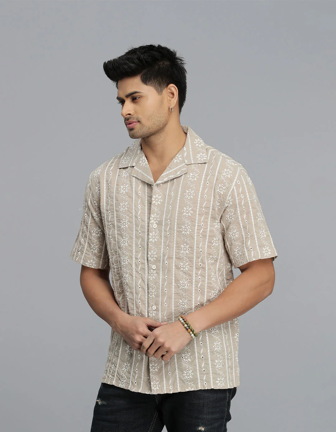 Ivory 100% Cotton Half Sleeves Textured Dobby Shirt - Image 4