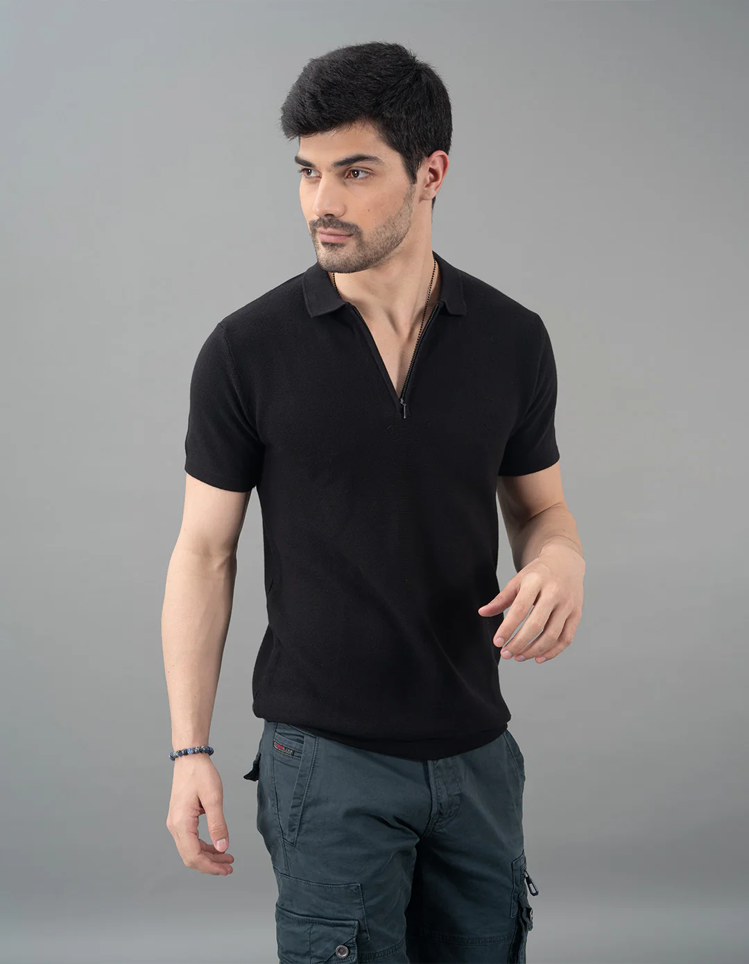 Jet Black Half Sleeves Flatknit Polo Tee - Image 3