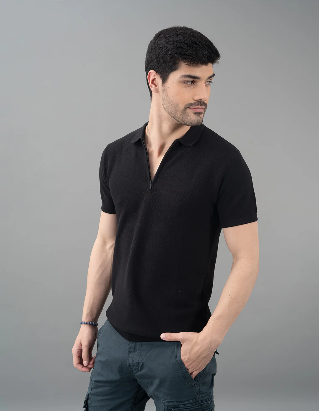 Jet Black Half Sleeves Flatknit Polo Tee - Image 4