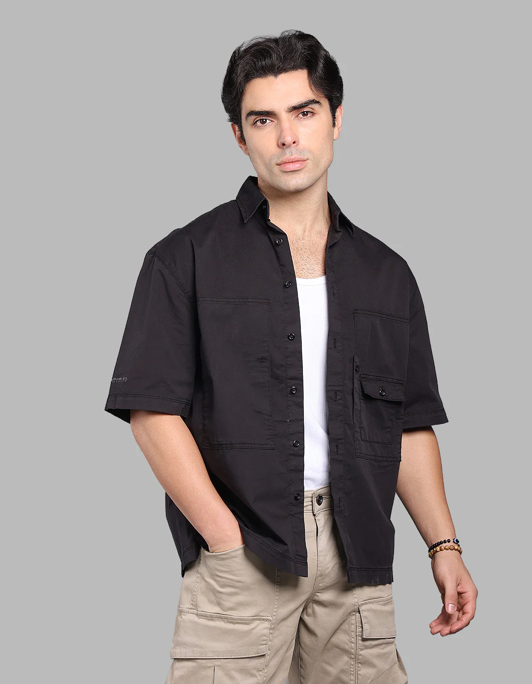 Jet Black Half Sleeve Oversized Stretch Cargo Shirt - Image 4