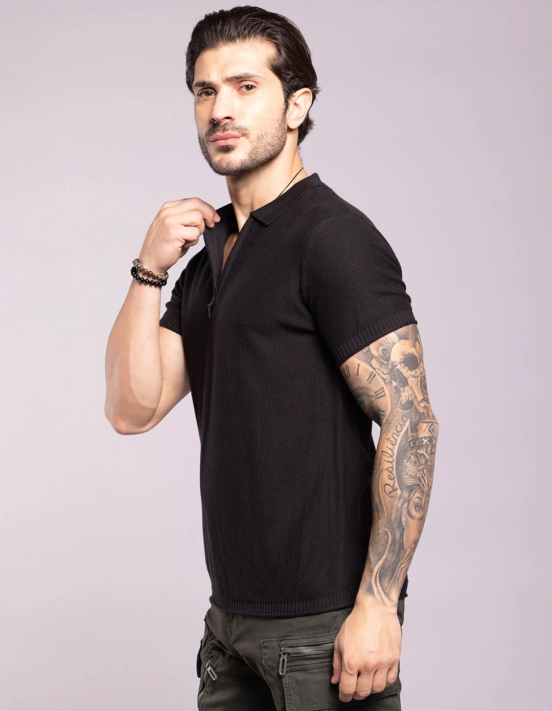 Jet Black Half Sleeves Flatknit Polo Tee - Image 3