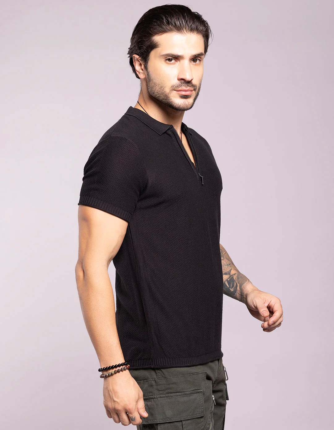 Jet Black Half Sleeves Flatknit Polo Tee - Image 4