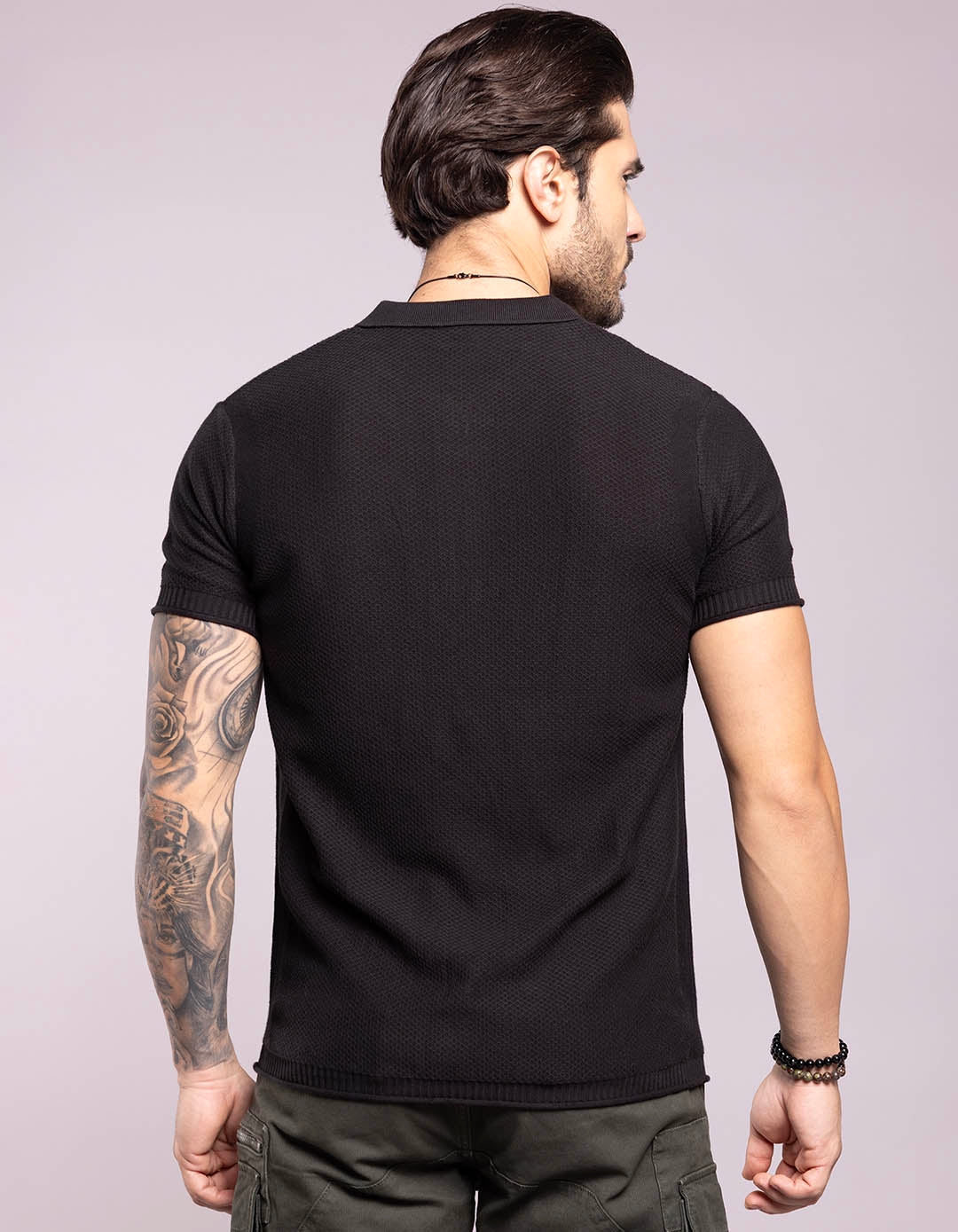 Jet Black Half Sleeves Flatknit Polo Tee - Image 5