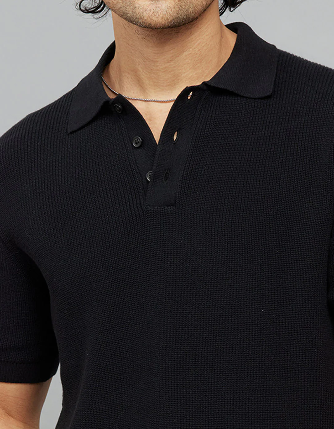 Jet Black Polo Neck Half Sleeves Flatknit Half Button Front - Image 5