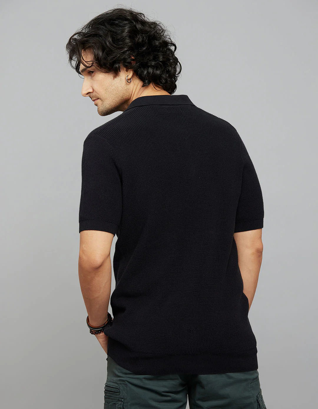 Jet Black Polo Neck Half Sleeves Flatknit Half Button Front - Image 6