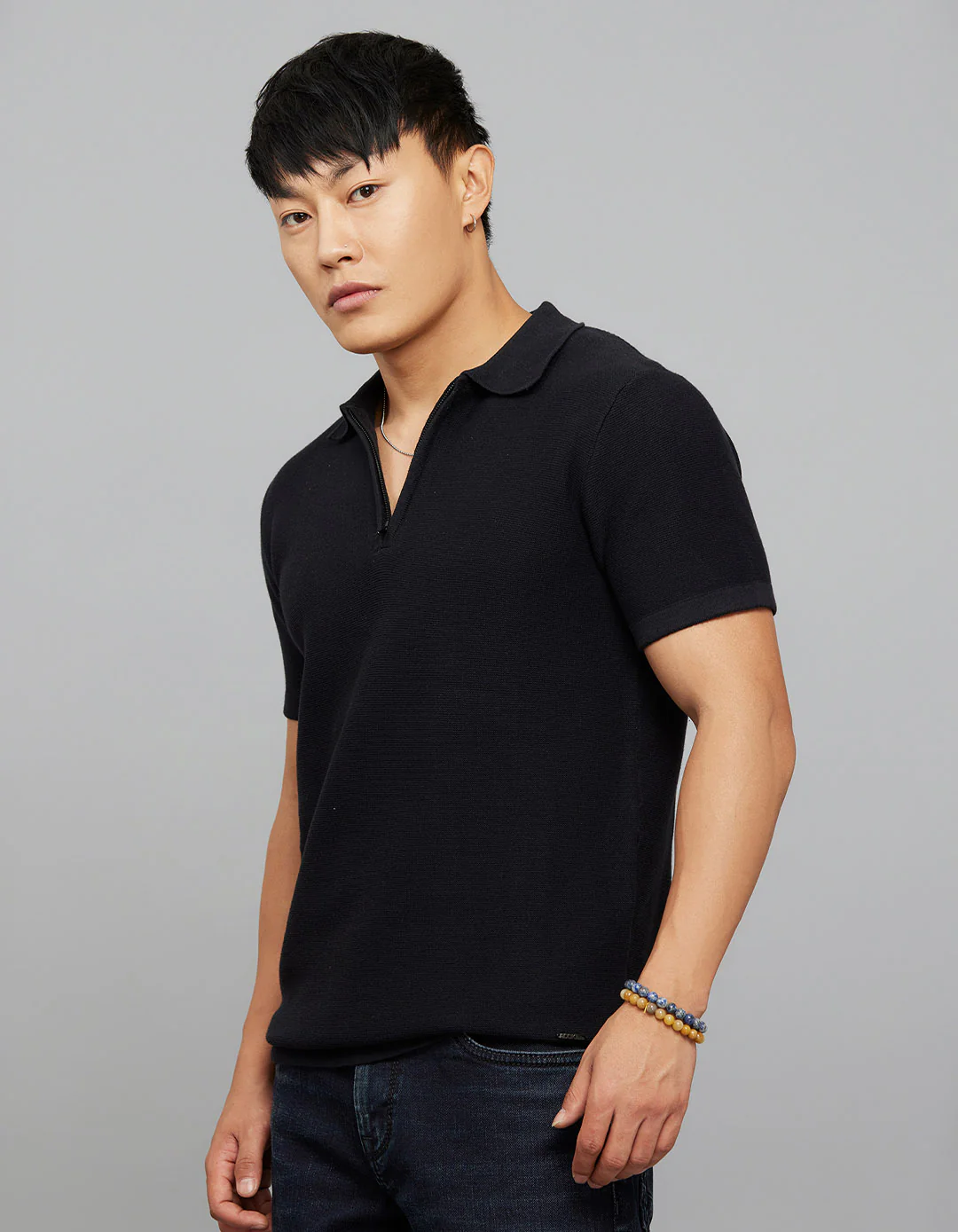 Jet Black Polo Neck Half Sleeves Flatknit Half Zipper Front - Image 3