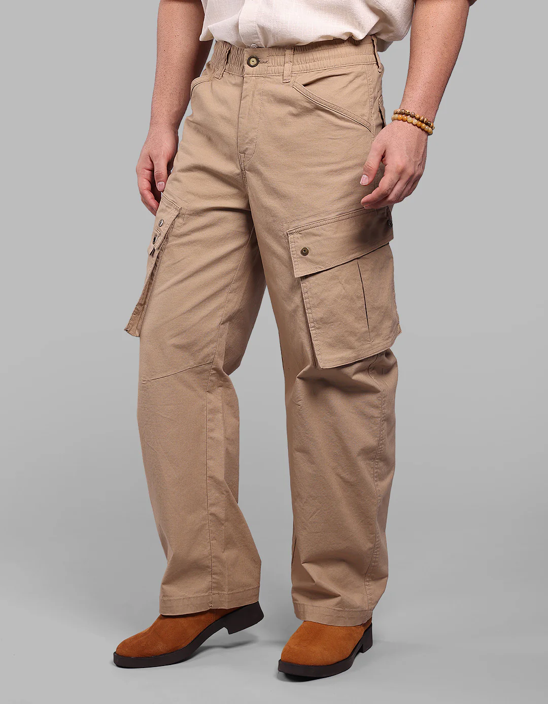 Khaki Balloon Fit Stretch Cargo Pants