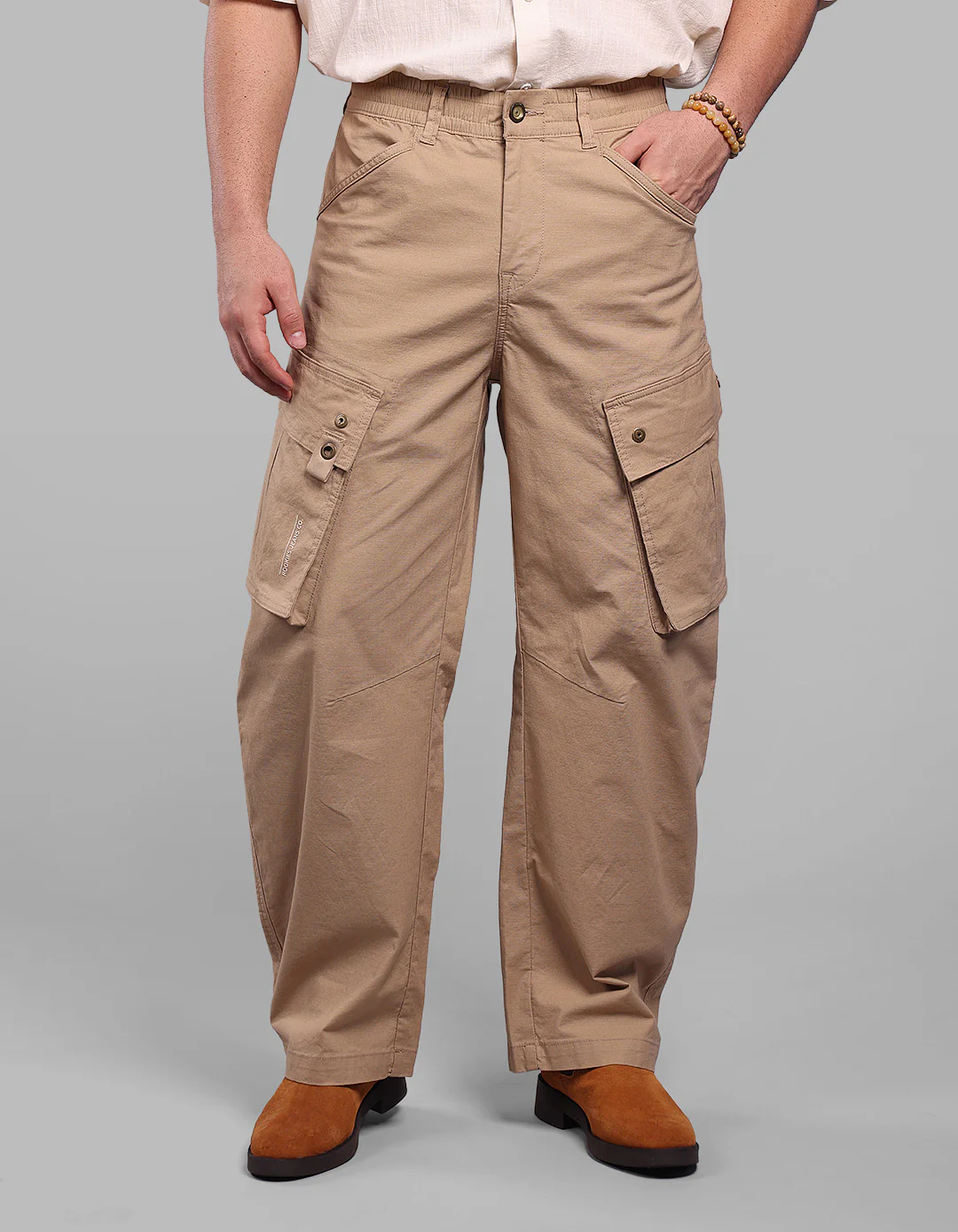 Khaki Balloon Fit Stretch Cargo Pants - Image 2
