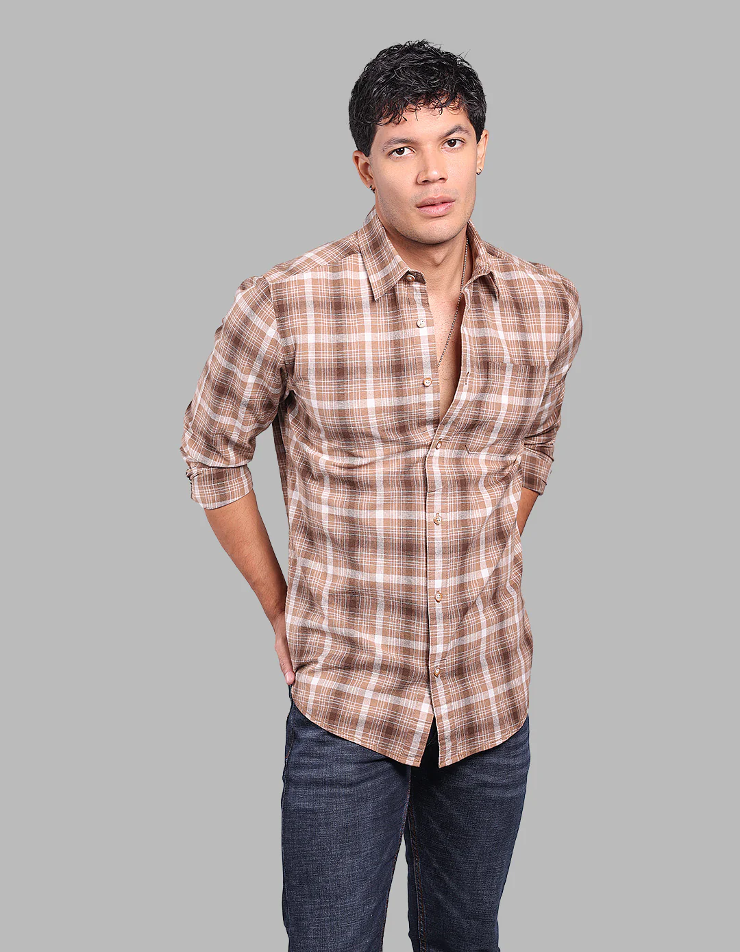 Khaki 100% Cotton Full Sleeve Check Shirt - Image 3