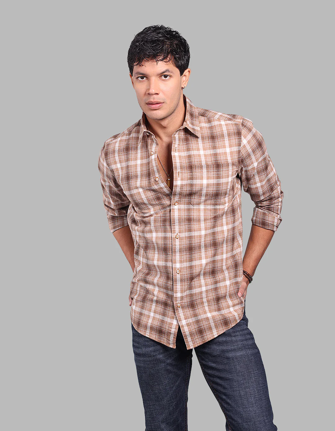 Khaki 100% Cotton Full Sleeve Check Shirt - Image 4