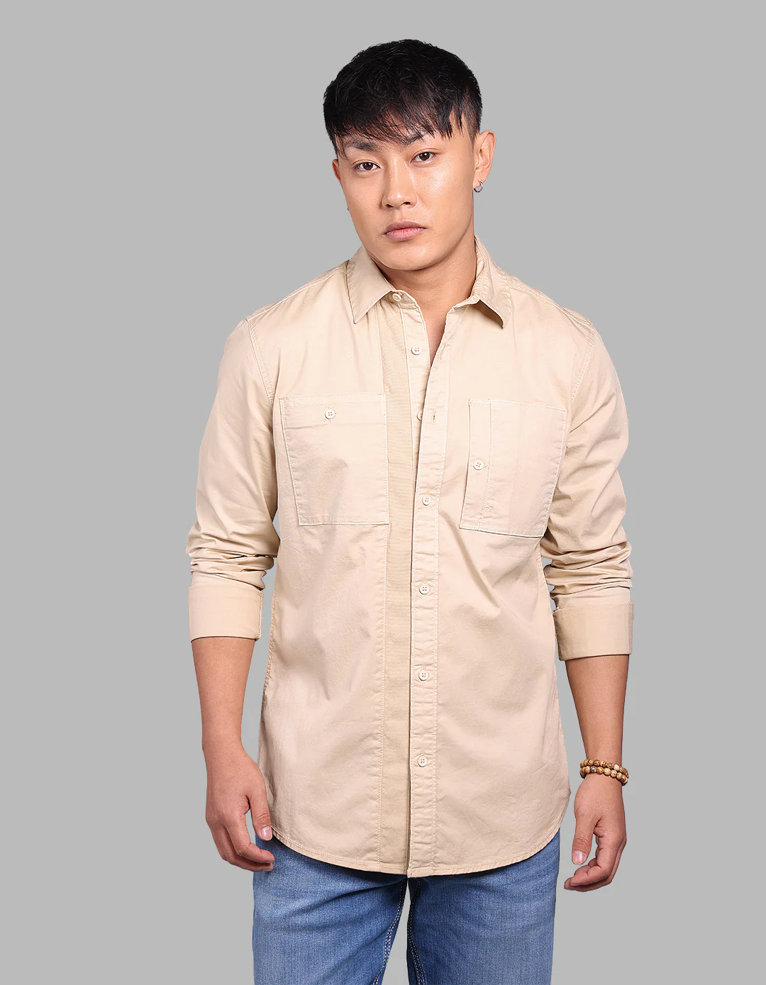 Khaki Full Sleeve Stretch Cargo Shirt