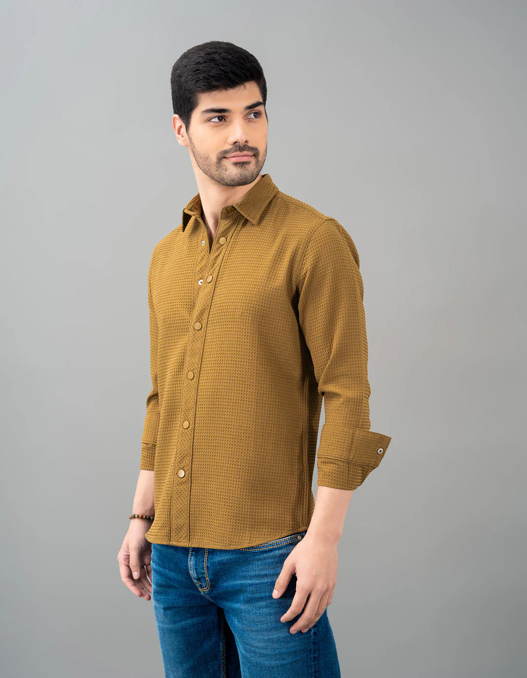 Khaki Full Sleeve Textured Waffle Shirt - Image 3