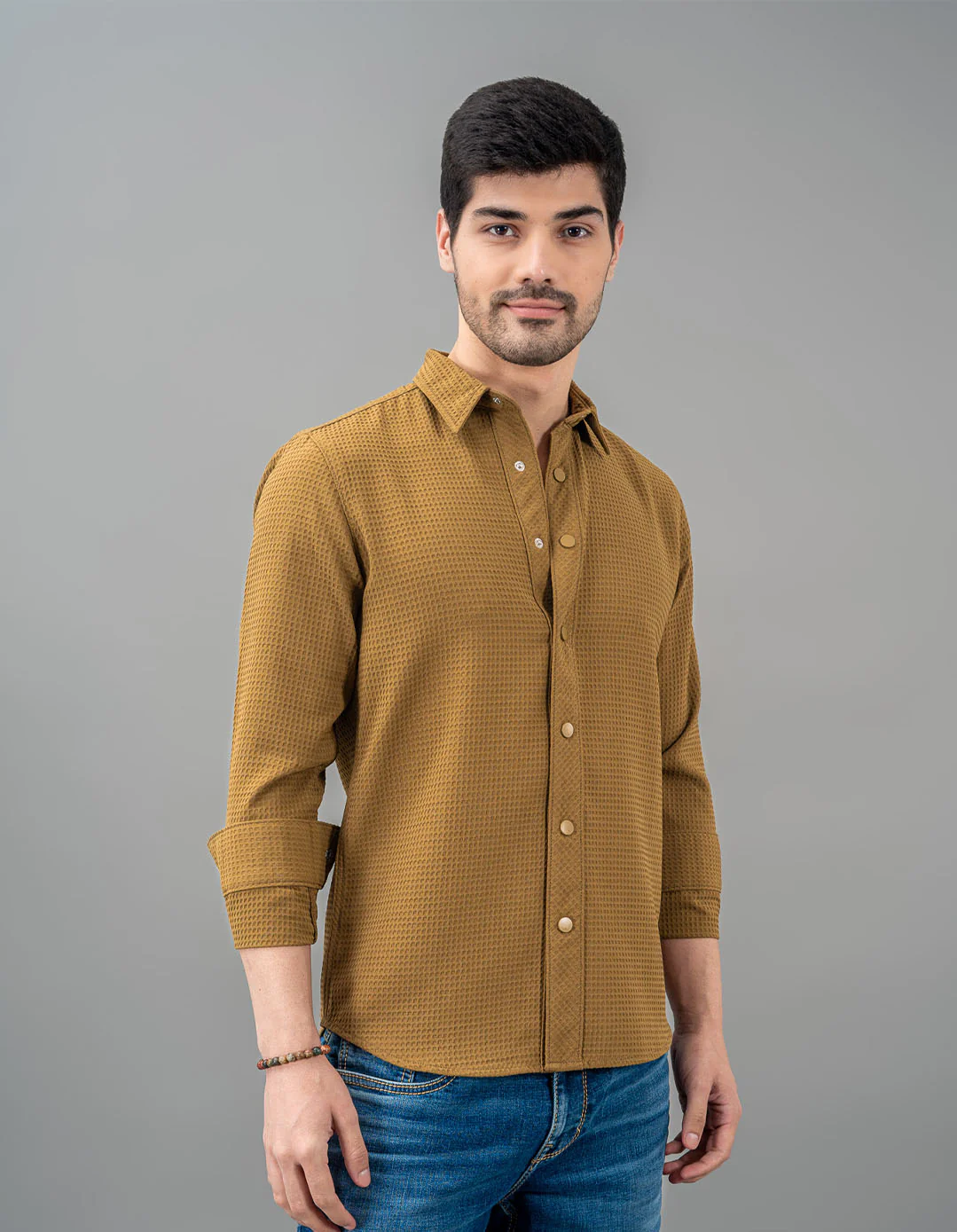 Khaki Full Sleeve Textured Waffle Shirt - Image 4