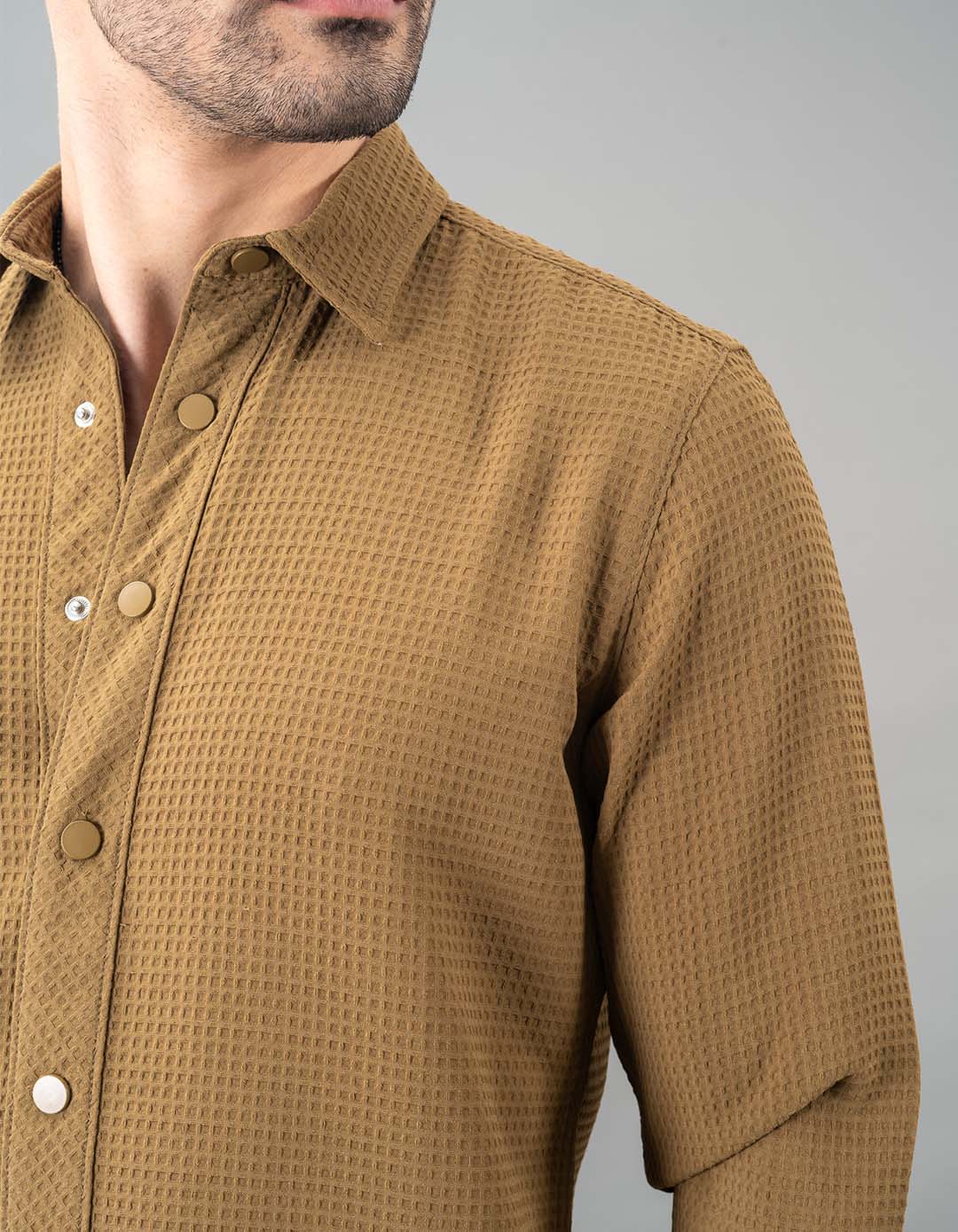 Khaki Full Sleeve Textured Waffle Shirt - Image 5