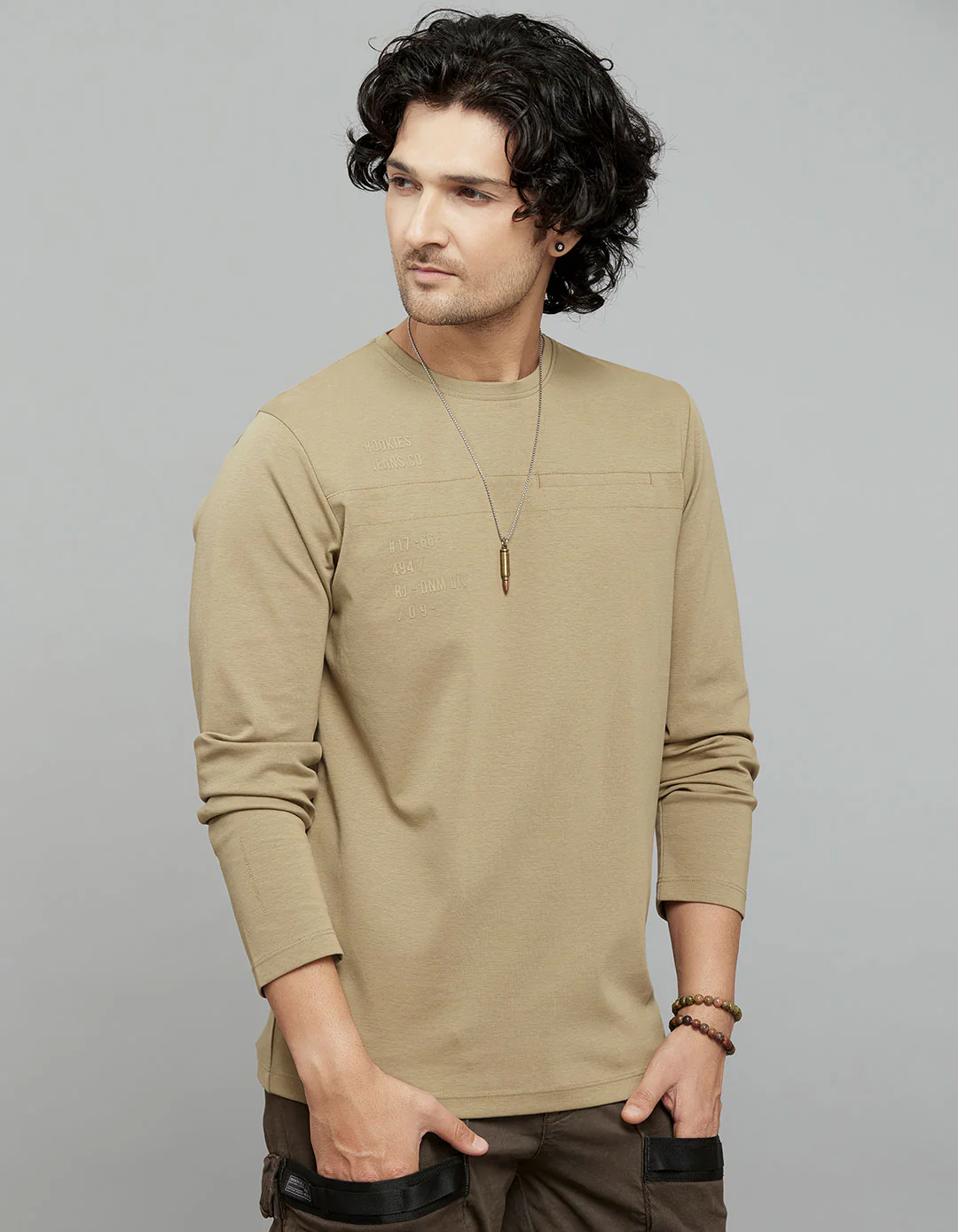 Khaki Full Sleeves Round Neck Tee - Image 3