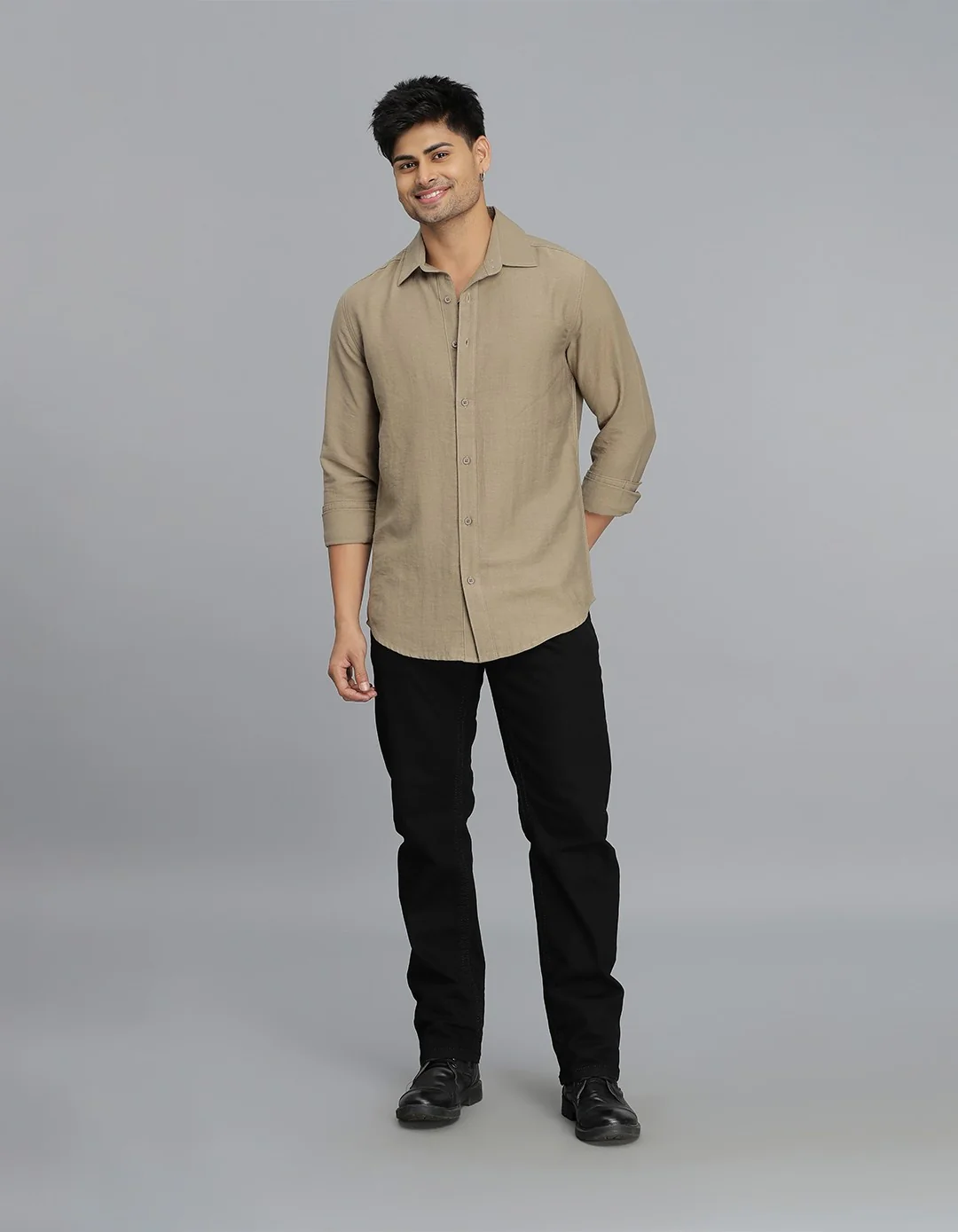 Khaki Full Sleeves Solid Shirt - Image 4