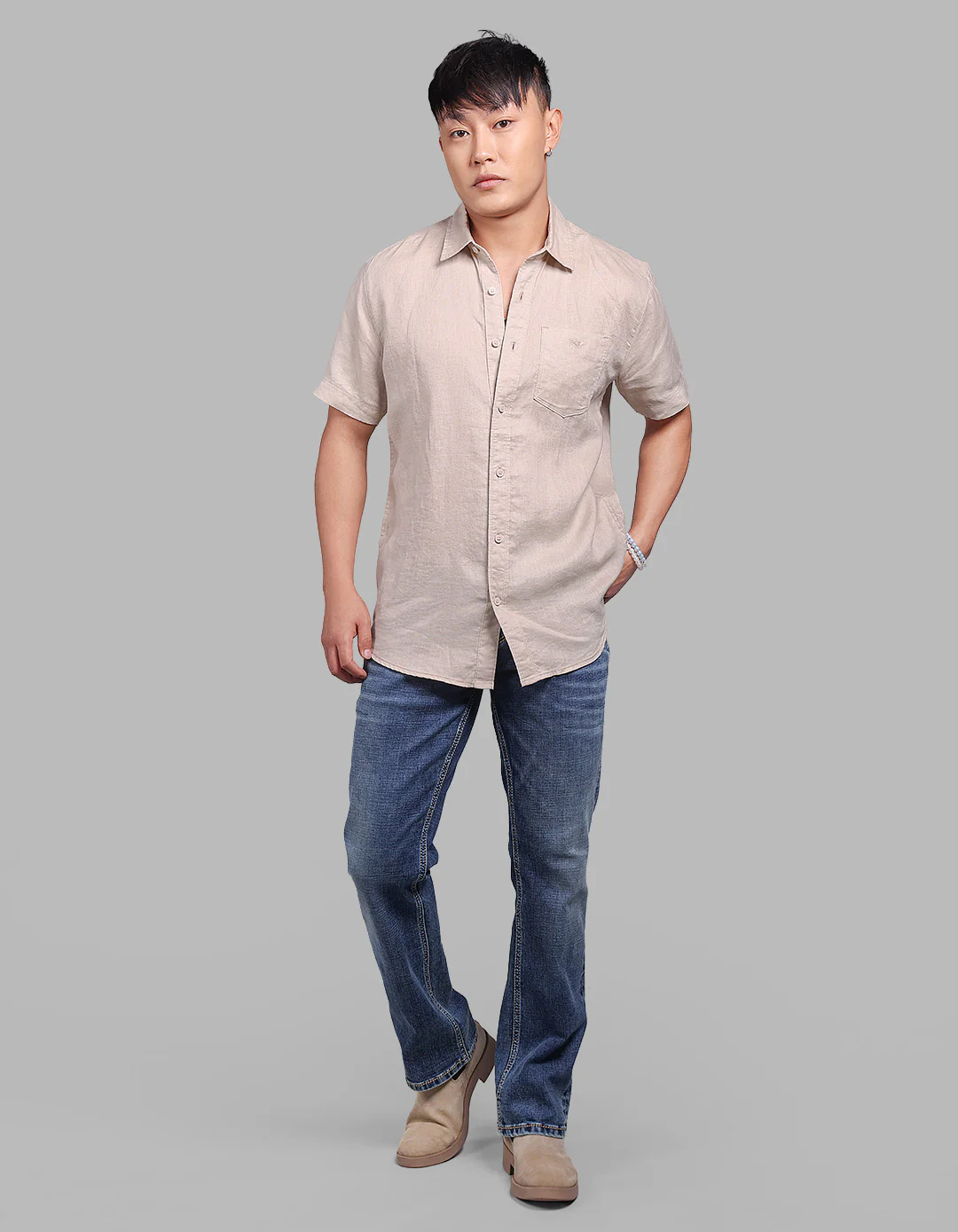 Khaki Half Sleeve 100% Linen Shirt - Image 2