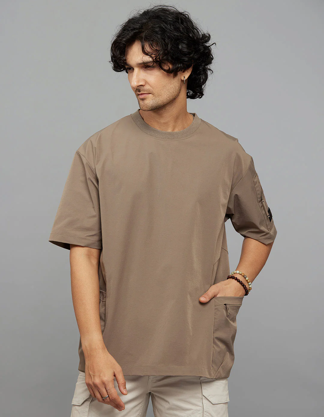 Khaki Half Sleeves Round Neck Oversized Tee