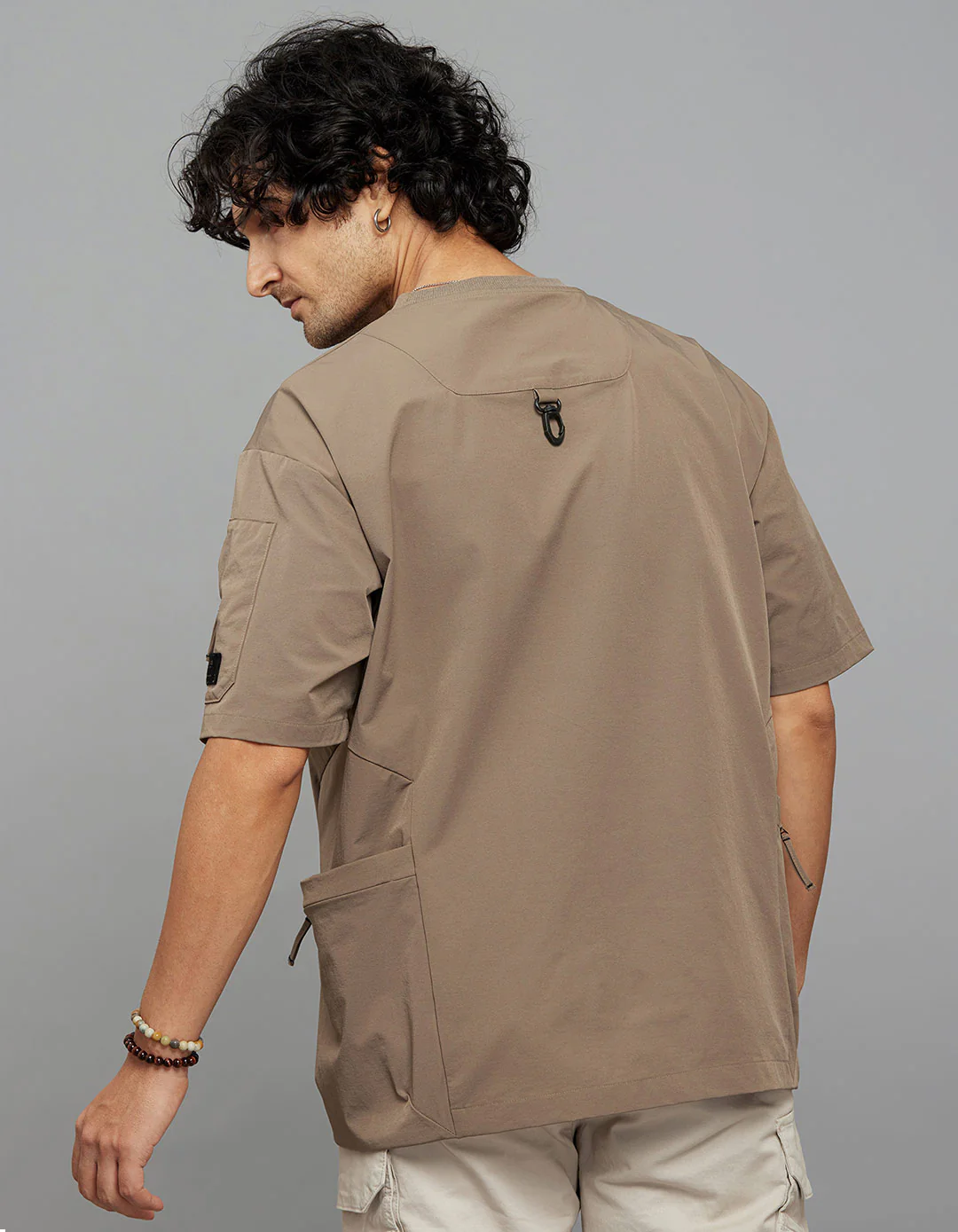 Khaki Half Sleeves Round Neck Oversized Tee - Image 6