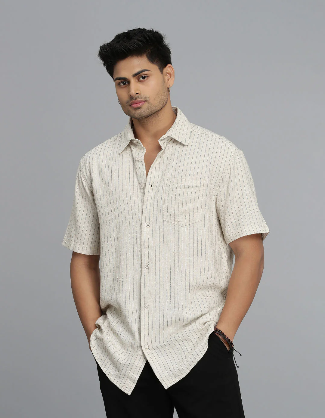 Khaki Half Sleeves Stripe Shirt