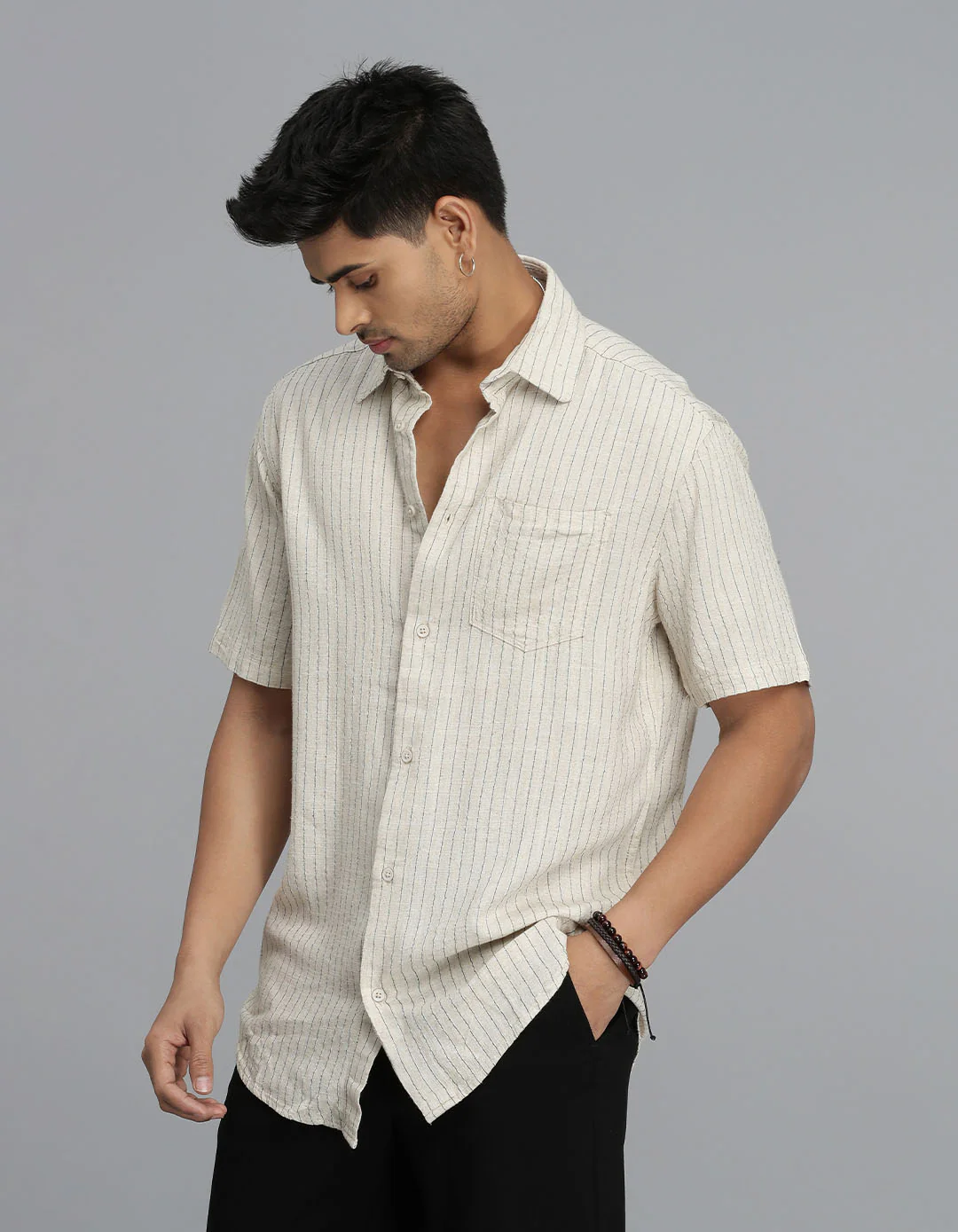 Khaki Half Sleeves Stripe Shirt - Image 3