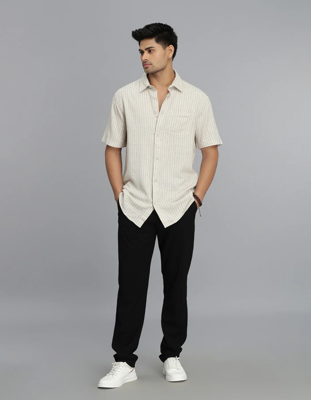 Khaki Half Sleeves Stripe Shirt - Image 2