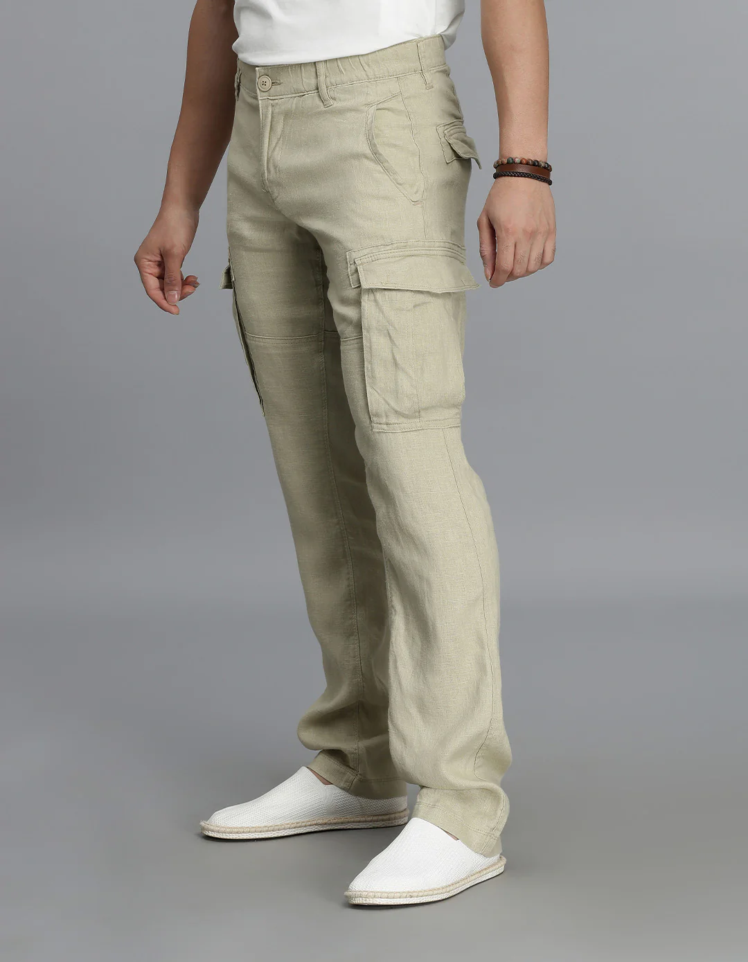 Khaki 100% Linen Cargo Pant - Image 3