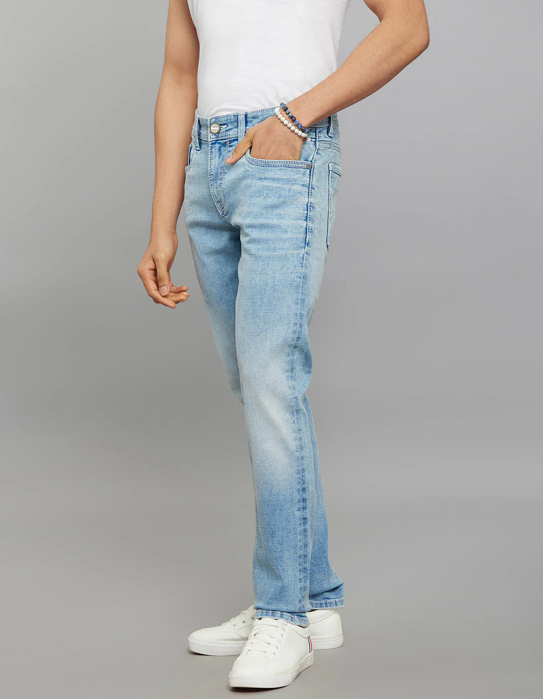Light Blue Mid-Rise Slim Straight Fit Stretch Jeans - Image 3