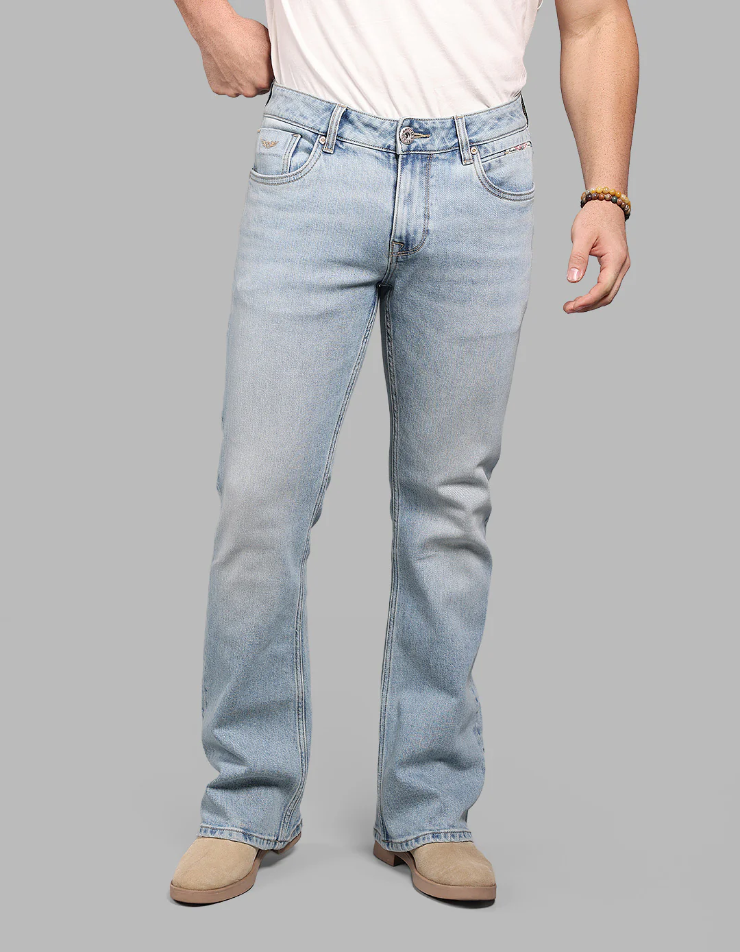 Light Blue Mid Rise Cropped Length Loose Boot Leg Stretch Jeans - Image 2