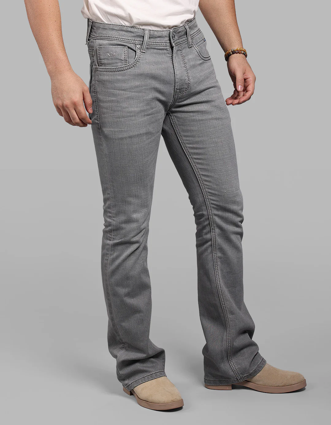 Light Grey Mid Rise Loose Boot Leg Stretch Jeans