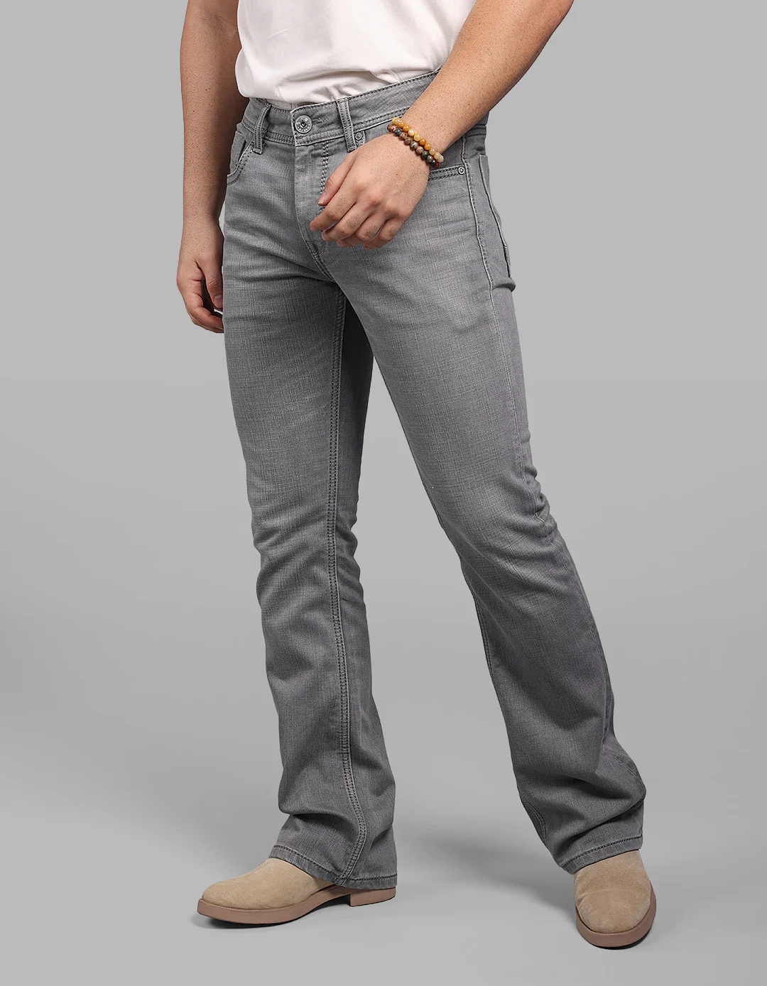 Light Grey Mid Rise Loose Boot Leg Stretch Jeans - Image 3