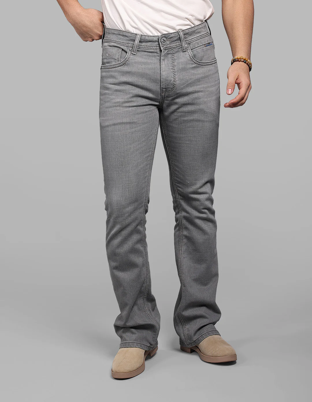 Light Grey Mid Rise Loose Boot Leg Stretch Jeans - Image 4