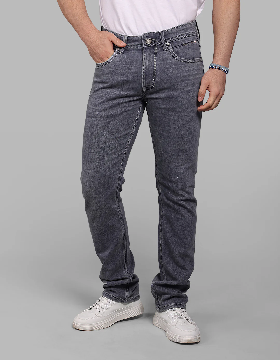 Light Grey Mid-Rise Slim Straight Fit Stretch Jeans