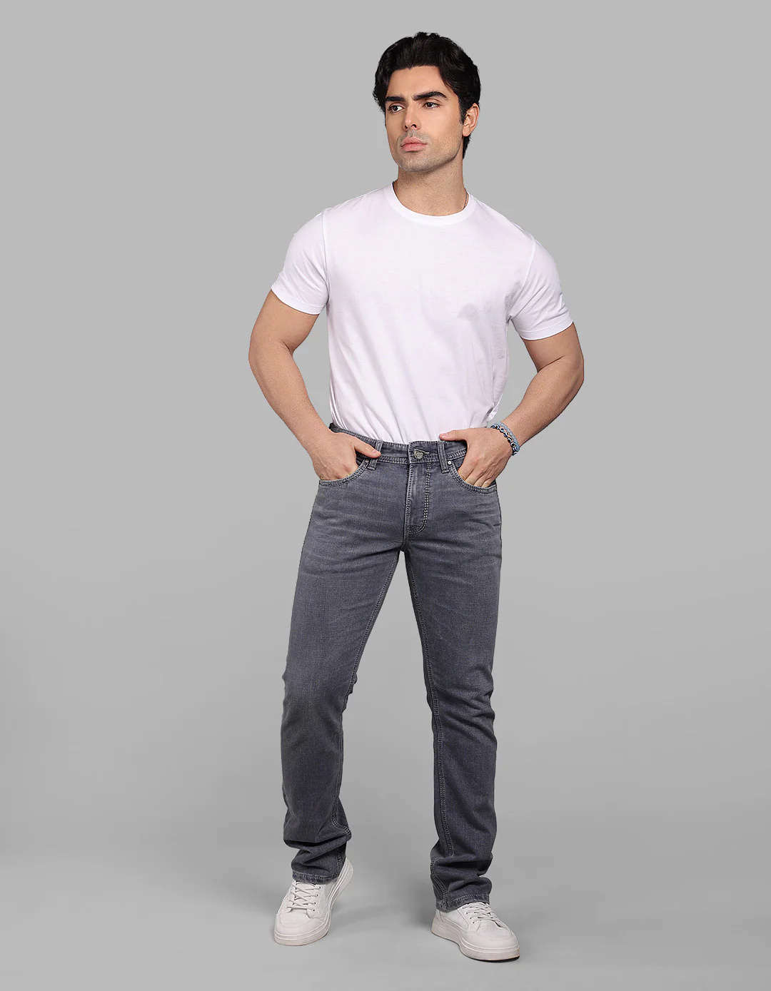 Light Grey Mid-Rise Slim Straight Fit Stretch Jeans - Image 2